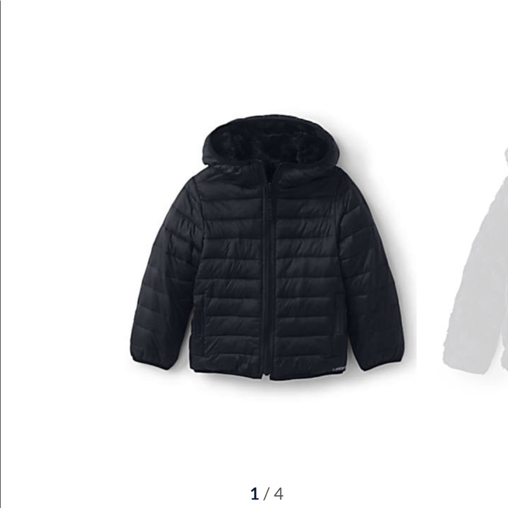 Lands End, KIDS winter coat. Reversible, black puffer and soft fur .
